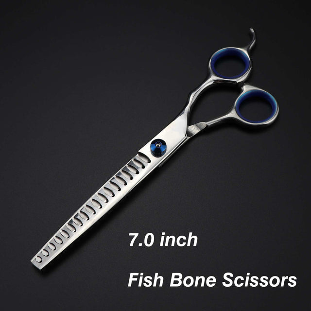 7.0inch blue pet grooming scissors set straight cut teeth cut fish bone scissors