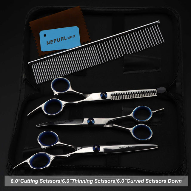 7.0inch blue pet grooming scissors set straight cut teeth cut fish bone scissors