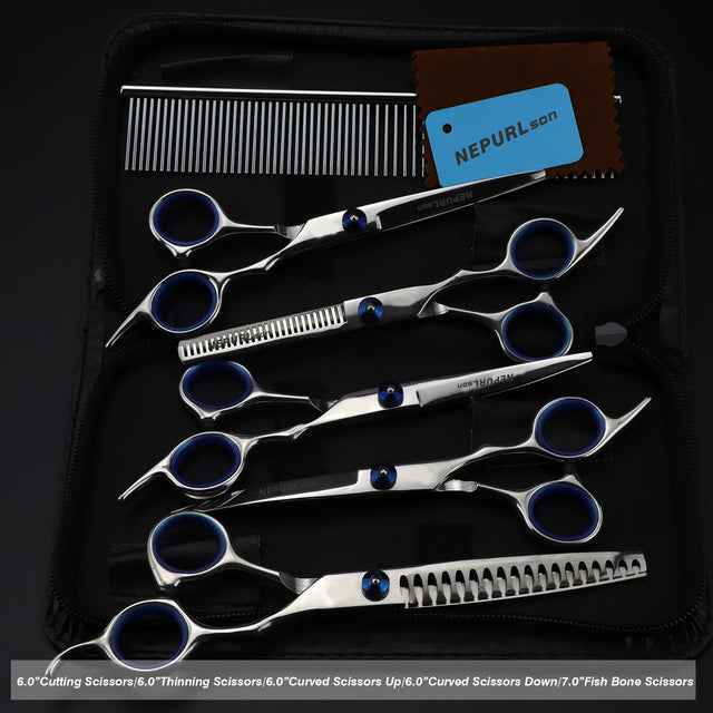 7.0inch blue pet grooming scissors set straight cut teeth cut fish bone scissors
