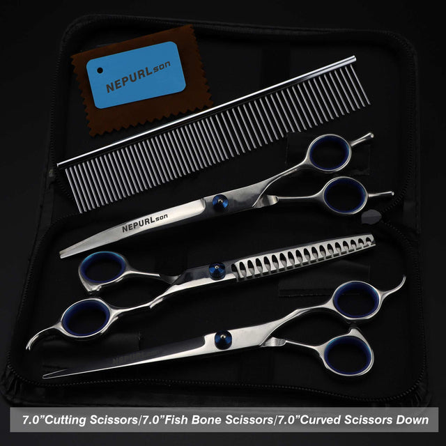 7.0inch blue pet grooming scissors set straight cut teeth cut fish bone scissors