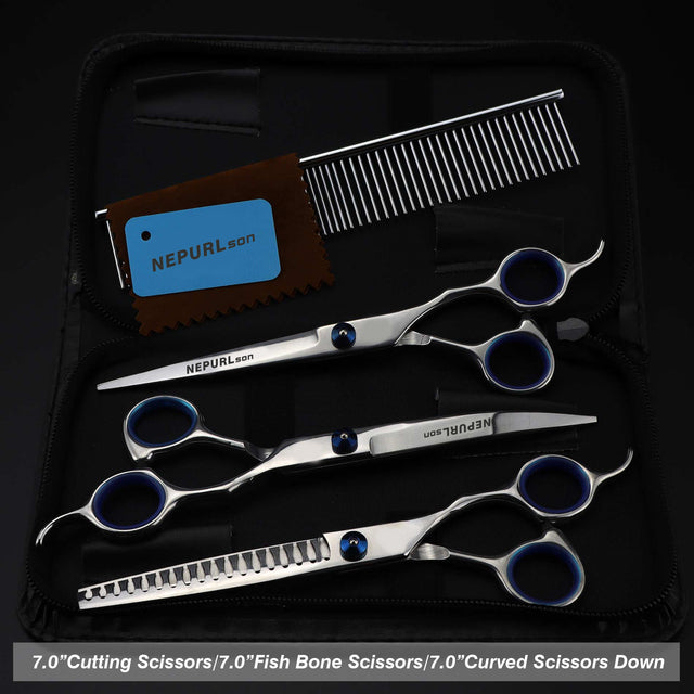 7.0inch blue pet grooming scissors set straight cut teeth cut fish bone scissors