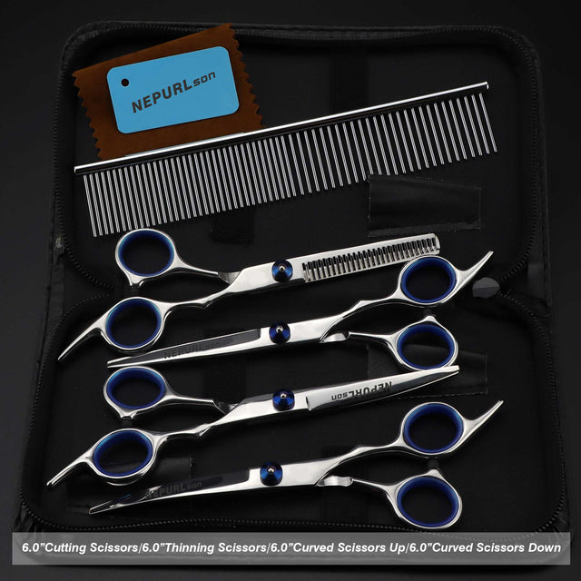 7.0inch blue pet grooming scissors set straight cut teeth cut fish bone scissors