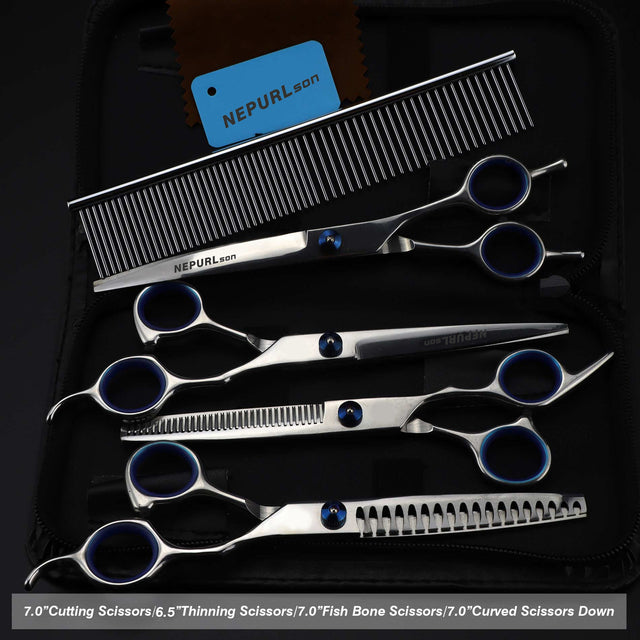 7.0inch blue pet grooming scissors set straight cut teeth cut fish bone scissors