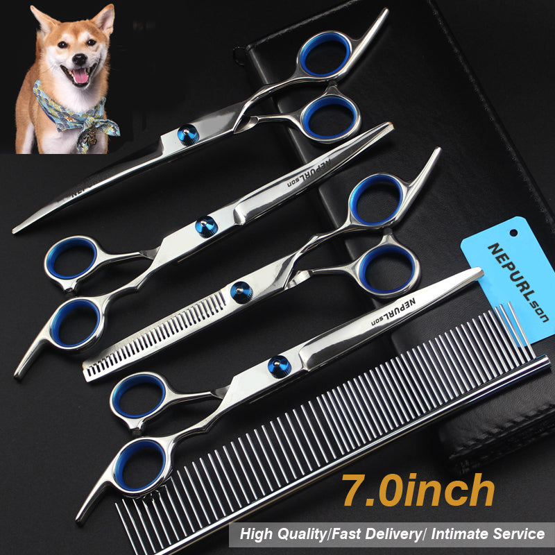 7.0inch blue pet grooming scissors set straight cut teeth cut fish bone scissors