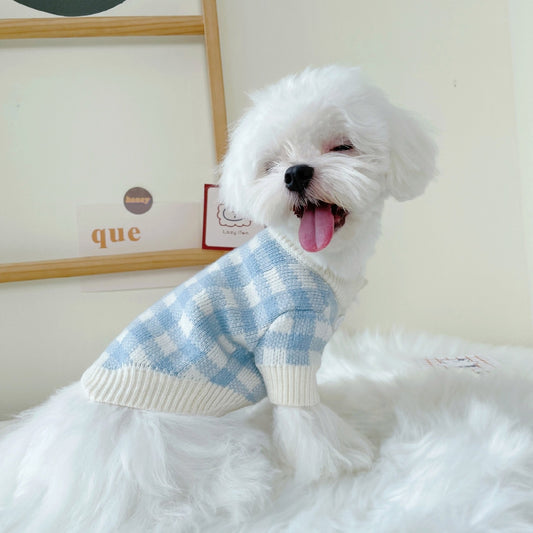 Blue Grid Sweater Pet Clothing Puppy Dog Cardigan Clothes Teddy VIP Cat Bichon Small Dog Autumn Winter Cat Sweater Pet Coat Blue