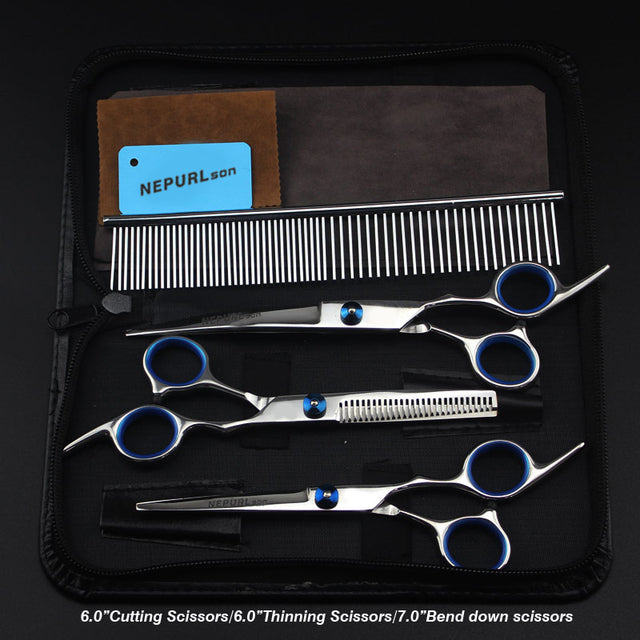 7.0inch blue  pet grooming scissors set straight cut teeth cut fish bone scissors