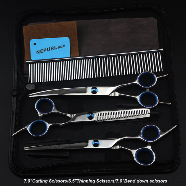 7.0inch blue  pet grooming scissors set straight cut teeth cut fish bone scissors