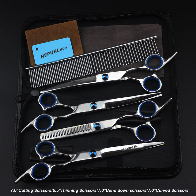 7.0inch blue  pet grooming scissors set straight cut teeth cut fish bone scissors