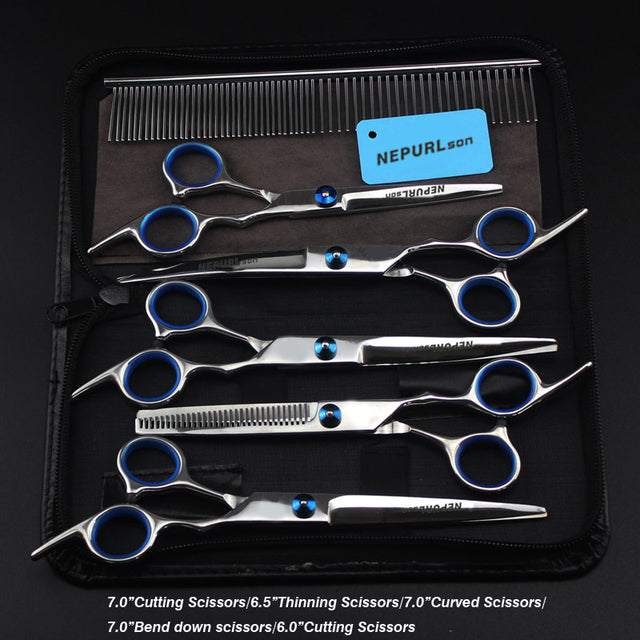 7.0inch blue  pet grooming scissors set straight cut teeth cut fish bone scissors