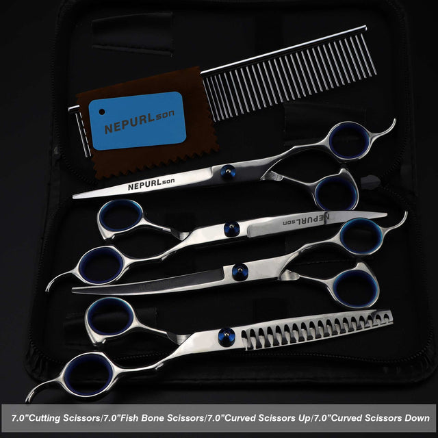 7.0inch blue  pet grooming scissors set straight cut teeth cut fish bone scissors