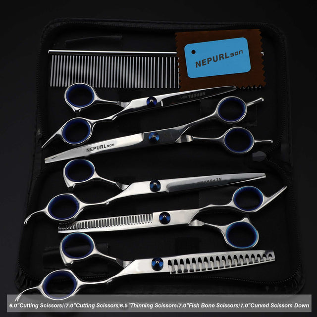 7.0inch blue  pet grooming scissors set straight cut teeth cut fish bone scissors